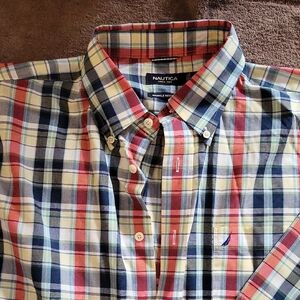 Nautica Men's Red and Blue Plaid Button Down Long Sleeve Shirt